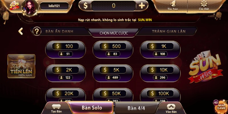 Không gian chơi Tiến Lên trong game bài Sunwin